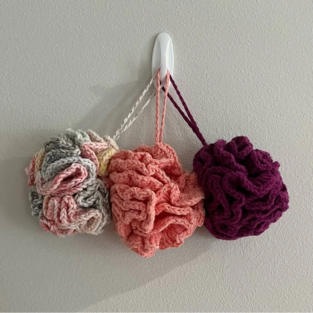 Set of 3 Crochet Peach/Burgundy/Gray Eco-Friendly Bath Loofahs with Hanging Loop